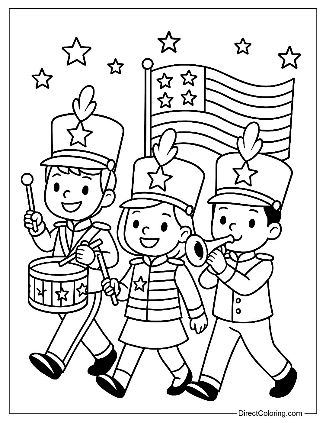 A coloring page of a marching band with drums, trumpets, and American flag uniforms.
